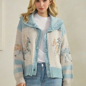 Cozy Horse Western Graphic Wide Collar Button Down Cardigan